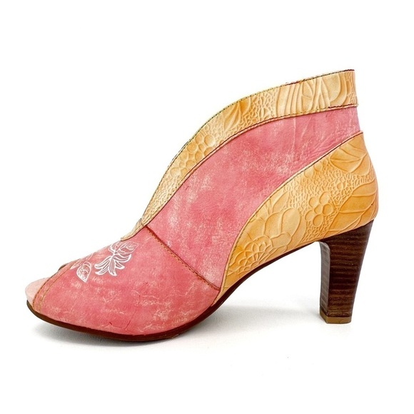 L’Artiste Adrina Bootie Pink & Tan Floral Peep Toe Heels Euro Size 42 = US 11 - Picture 5 of 13